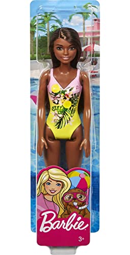Muñeca Barbie con traje de baño floral rosa y amarillo miniatura 6