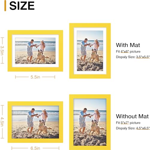 decorUhome 5x7 Picture Frame, Display Pictures 4x6 with Mat or 5x7 without Mat, Wall & Tabletop Display Photo Frame, Yellow, 1 Pack