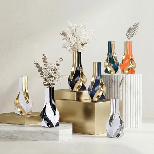 10.6 Black and Gold Ceramic Vase, Modern Geometric Flower Vase for Dining Table Centerpiece, Elegant Decorative Vase for Pampas Grass, Living Room, Bedroom, Office, Tabletop Decoration