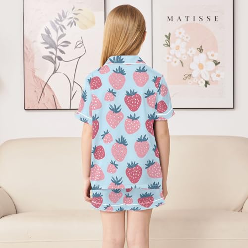 Strawberry Designs Pattern Summer Satin Pajama Set, Cute Button-Down Sleepwear Pj Set for Sleep Wears4