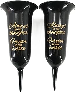 Set of 2 Black and Bronzed Gold Forever in Our Hearts Fluted Spiked Memorial Grave Flower Vases