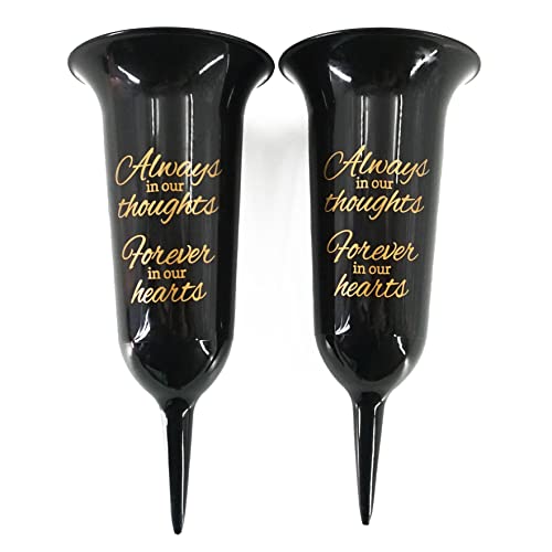Set of 2 Black and Bronzed Gold Forever in Our Hearts Fluted Spiked Memorial Grave Flower Vases