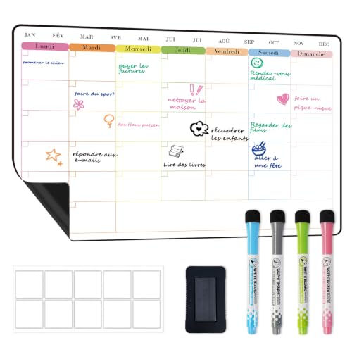 POPRUN Calendrier Magnétique Tableau Blanc pour Frigo 42x28CM, Planning Mensuel Effaçable, Planificateur Familial pour Tâches et Menus