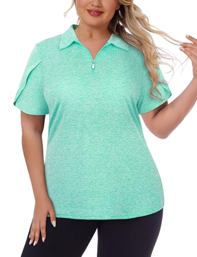 Tanst Sky Short Sleeve Workout Tops for Women Plus Size, Oversized Golf Polo Shirts Collared Quick Dry Pickle Ball Running Exercise Tshirts Zip Pullover Moisture Wicking Tennis Clothes Green 4X