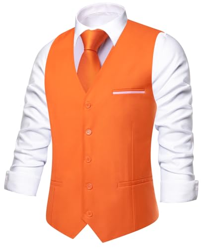 Image of Hi-Tie Men's Formal Suit Vest Solid Fit Vest for Men 3 Pockets V Neck Waistcoat Business Wedding Casual