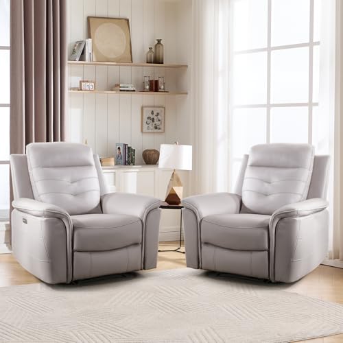 Image of ANJ Power Recliner Chair Set of 2 with USB Charging, Breathable Faux Leather Oversized Electric Recliners, Single Overstuffed Heavy Duty Reclining Sofa Chairs for Living Room, Beige
