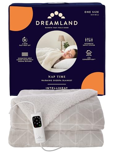 Dreamland Nap Time Heated Electric Blanket Ultra Soft Velvet Sherpa with 6 Heat Settings Fast 5-Minute Preheat Intelliheat Auto Timer Machine Washable Large Size 180 x 135 cm Geometric Grey
