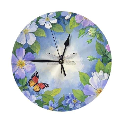 Reloj De Pared Redondo Libélula Y Mariposa con Flower De Acuarela Imprimir Grande Reloj Cuarzo, para Restaurante, Hogar, La Habitación, 25cm