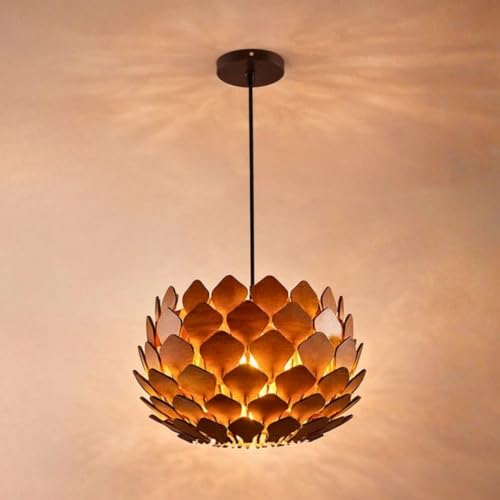 Image of Wood Pinecone Pendant Lamp | Wooden Ceiling Lamp, Wooden Hanging Lamp, Handicrafted, Home Decor Chandelier Light for leaving room
