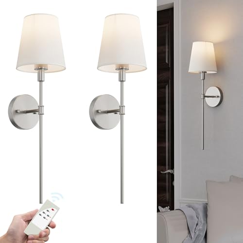 Coinmit Aplique de pared de níquel cepillado que funciona con pilas, 5500 mAh, inalámbrico, recargable, 3 colores, regulable, para dormitorio, sala de estar