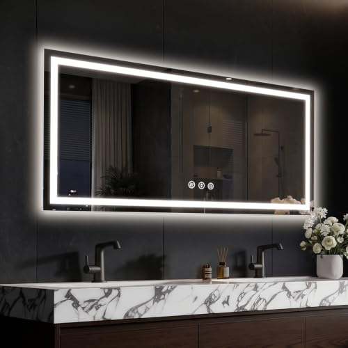 Image of 48x24 LED Bathroom Mirror with Anti-Fog, Backlit & Front Lit, Memory | Stepless Dimmable 3 Color CRI 95+ Shatterproof Tempered Glass ETL Listed for Safety Lighted Bathroom Vanity Mirror for Wall