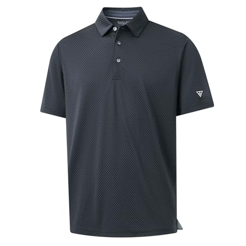 M MAELREG Golf Shirts for Men Moisture Wicking Jacquard Breathable Performance Dry Fit Collared Mens Polo Shirts Short Sleeve, Dark Grey/Black, Large