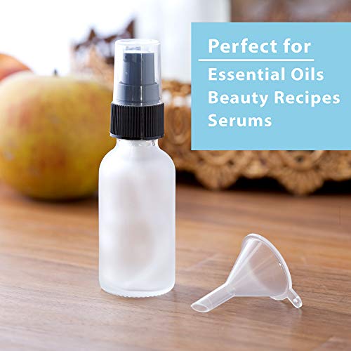 JUVITUS 2 oz Frosted Clear Glass Boston Round Black Treatment Pump Bottle (24 pack) + Funnel Refillable Empty Storage Containers3