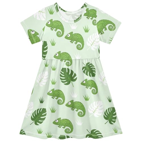Green Leaf Chameleon Girls Summer Dress Toddler Girl Skater Dresses Short Sleeve Dress for Girls Cute,2T