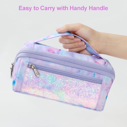 Image of Large Pencil Case for Girls, Aesthetic Pencil Pouch for School, Wide Opening Organizer Box with Handle, Fits 50 Pens & Markers (Glitter Purple Tie-Die)