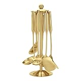 Premium 7-Piece Gold Kitchen Utensil Set with Stand, Stainless Steel Cooking Tools- Dishwasher Safe Ladle, Spoon, Spatula, Pasta Fork, Luxury Brass Kitchen Accessories for Home Chefs (Gold)