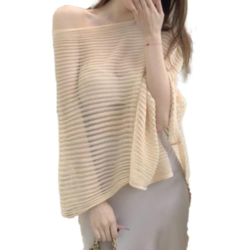 Poncho Summer, Womens Sheer Knit Poncho Shrug, Pullover Sweater Lightweight Crochet Poncho Ruffle Top for Women(Natural)