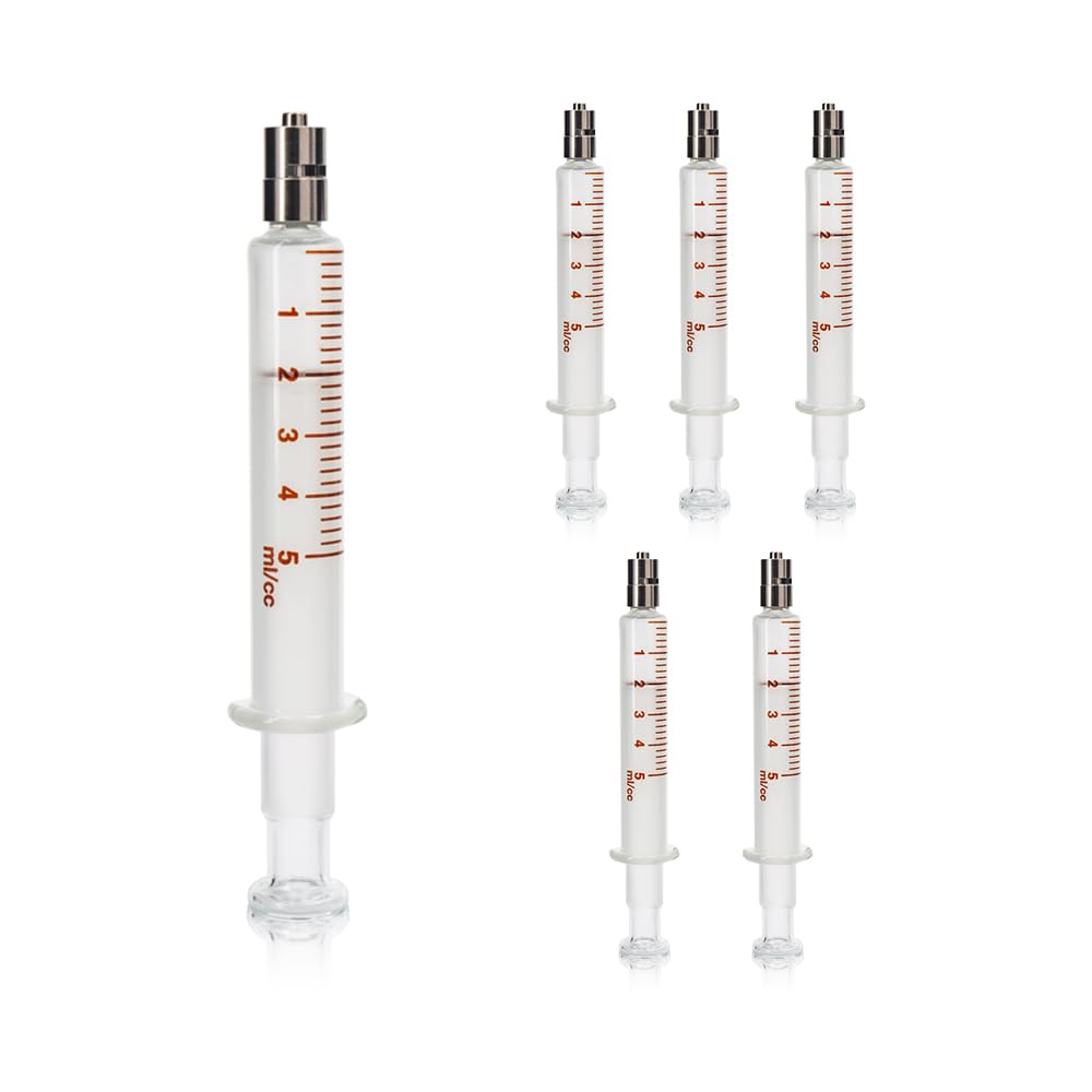 Kit 6 Siringhe in Vetro 5 ml con Punta Luer Lock per Uso Tecnico Riutilizzabile, Siringa Alta Precisione per Laboratorio Resistente a Oli, Inchiostri, Vernici, Made in Italy