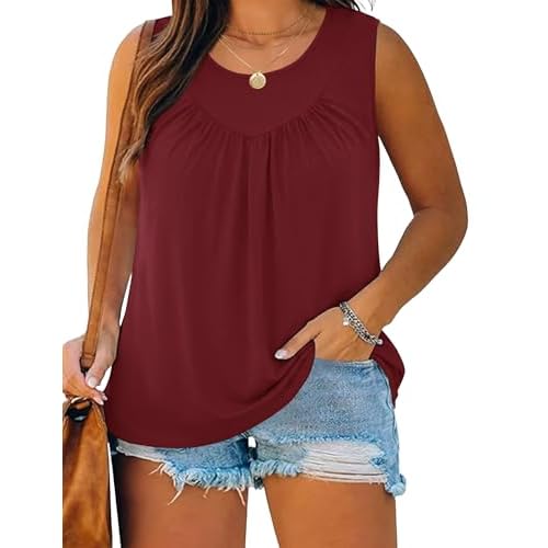AKEWEI Womens Plus Size Tank Tops Cotton Blend Summer Tops Pleated Sleeveless Oversized Flowy Tunics XL-5XL