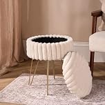 OHS Dressing Table Chair Faux Fur Ribbed Vanity Chair with Gold Hairpin Legs Stylish Storage Ottoman Bedroom Chair Storage Stool for Home Living Room Foot Stool, Cream