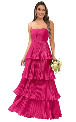 Monvelli Hot Pink Chiffon Tiered Bridesmaid Dresses for Women A Line Long Ruffles Spaghetti Straps...