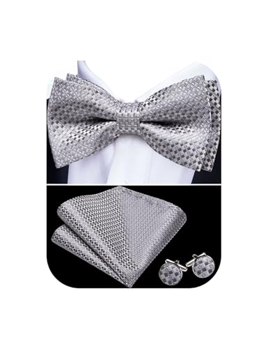 YOHOWA Silver Bow Tie for Men Plaid Solid Adjustable Silk Pre-Tied Bowtie Handkerchief Cufflinks Set Formal Wedding Party Prom