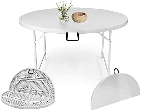 Vilobos Round Folding Table, 4.4-Foot 53” Dia Portable Plastic Table Comfortable for 6 to 8 Seat, Party Banquet Table for Conference Card Camping Wedding Dining Outdoor Picnic Family Festival Events