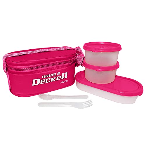 Image of MILTON Softline Double Decker Lunch Box, Set of 3, (450 ml, 280 ml, 280 ml), Pink | Leak Proof | Microwave Safe | Odour Proof | Light Weight | Easy to Carry | Food Grade