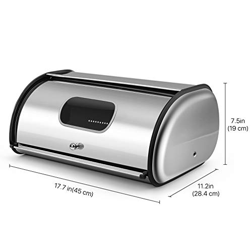 Flexzion Stainless Steel Countertop Bread Box Kitchen Storage, Roll Top Bread Box With Front Window For Homemade Cakes, Buns, Pastries, Pancakes, And Cookies (17 Inch) #TOP6