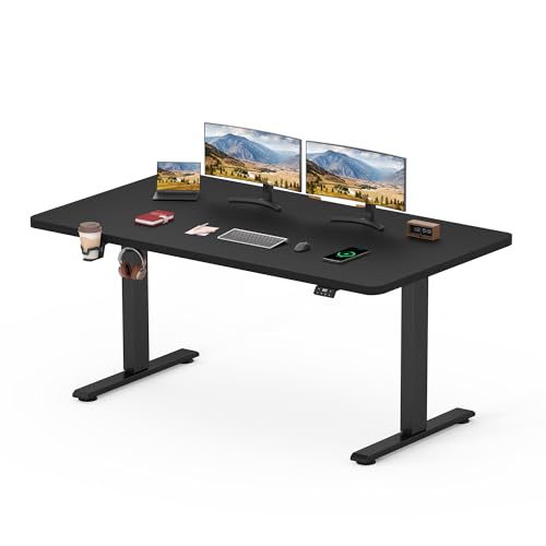 SANODESK Escritorio Elevable Eléctrico 140x60cm con Tablero(con Gancho/Portabotellas), Standing Desk, Escritorio Ajustable en Altura con Tablero, Función de Memoria, para Trabajo/Hogar(Negro)