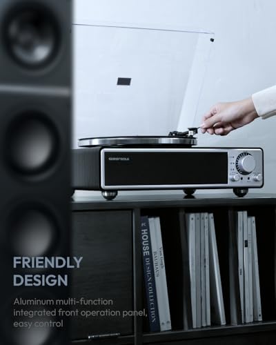 Image of QLEARSOUL ONE-Q Vinyl Record Player (Black), All-in-one HiFi Turntables with Built in Speakers, Bluetooth 5.4, Phono Preamp, Magnetic Cartridge AT-3600L, 33 /45 RPM Two Speed, Aux-in, Auto Off