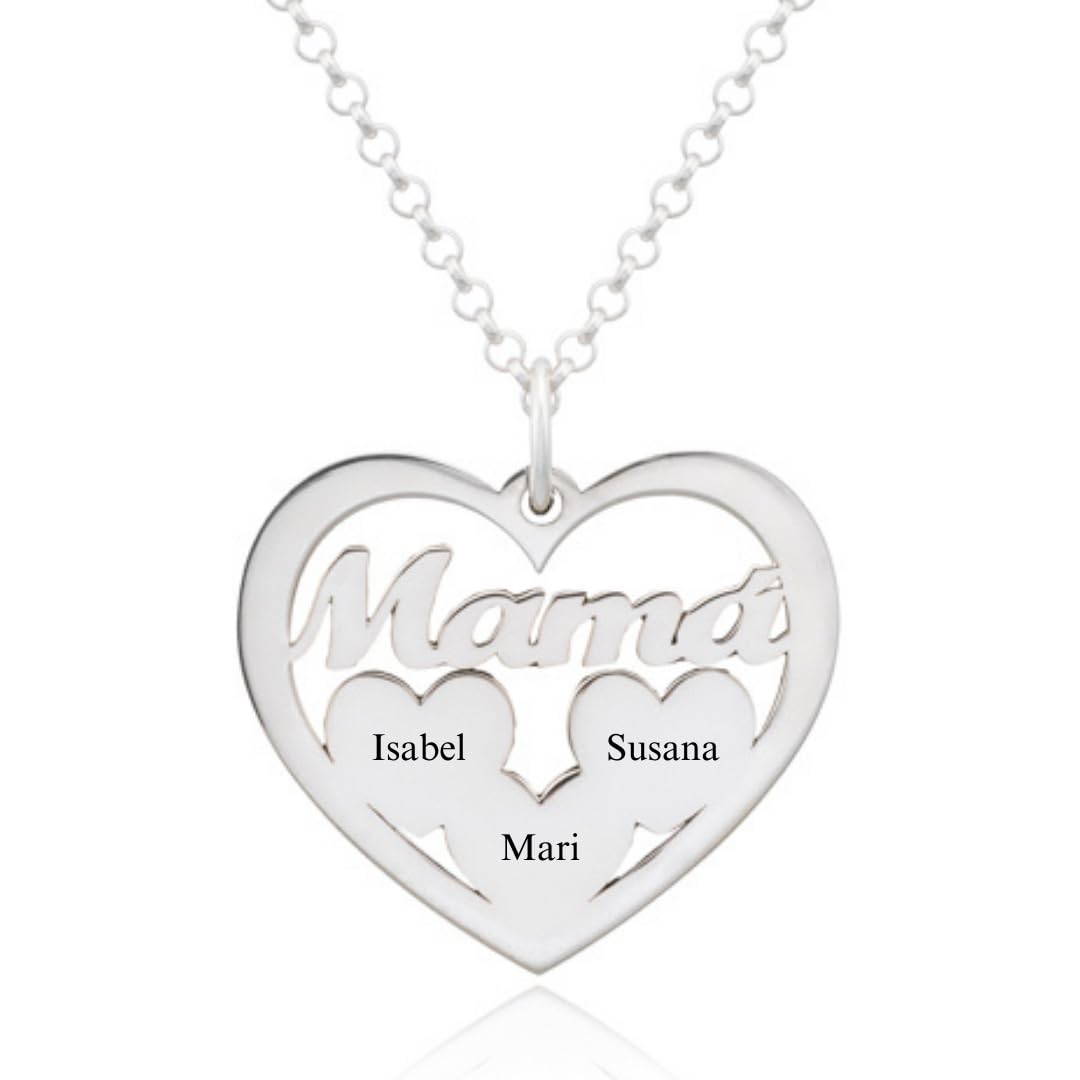 Collar Corazón para Mujer en Plata de Ley 925 personalizable con Nombres de Hijos. Cadena de 45 cm. Ideal para regalar a madres, abuelas en Cumpleaños, Navidad. Hecho en España.