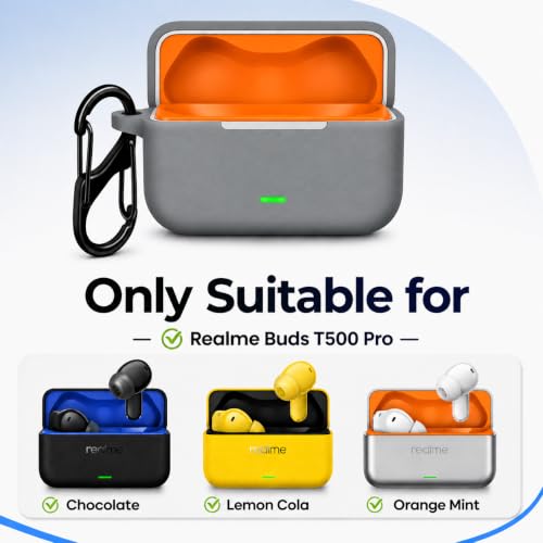 Image of Silicone Case for Realme Buds T500 Pro TWS Earbuds | Shockproof 360 Protective Cover | Heavy-Duty Carabiner Clip | LED Visible | Soft Anti-Slip & Lightweight Case (Gray)