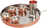 Thali - Juego de vajilla de acero de cobre de 7 piezas, cuencos, cuchara, vaso, estilo tradicional, diámetro de Thali, 33 cm