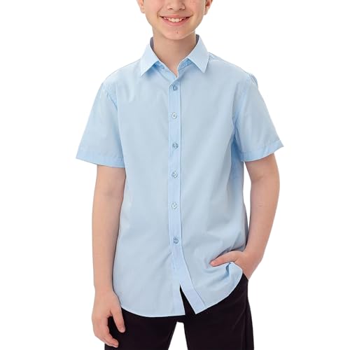 Image of LXEASYGO Boys Short Sleeve School Uniform Shirts Plain Blue White Regular Fit Kids Button Down Collared Dress Shirts for Boys 5-16 Years (UK, Age, 15 Years, 16 Years, Regular, Blue)