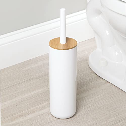 Mdesign Plastic Toilet Bowl Brush/Bamboo Lid Cover - 2 Piece Set; Bathroom Storage Organizer Holder; Decor Bathroom Accessories - Natural/White #TOP2