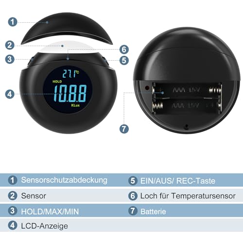 Swarey Digitales Luxmeter Tragbares Luxmessgerät mit 360° Detektor