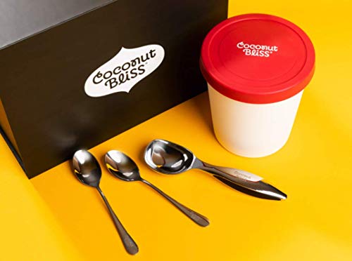 Coconut Bliss Ice Cream Maker Accessories | Reusable Ice Cream Freezer Storage Container & Lid (1 Quart), Durable Stainless Steel Ice Cream Scoop + 2 Ice Cream Spoons, Dishwasher-Safe