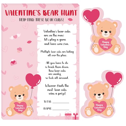 COCHIE Valentine's Day Games for Classroom Party Family Adults Office Large Groups, Valentines Bear Bub Hunt Game School Activities with 50 Paper Bears - 25 Players (Bear Hunt)
