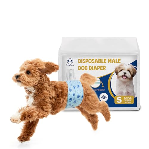 Flying Paws 52 Pañales Desechables S para Perros Macho con Indicador de Humedad, Protección Antifugas Pañales Suaves Súper Absorbentes