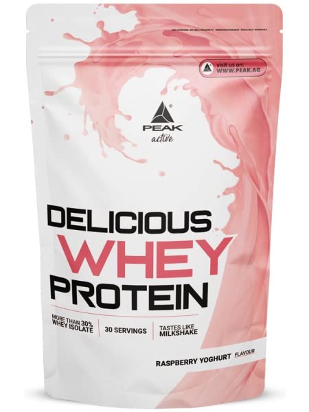 PEAK Delicious Whey Protein - 900g Geschmack Raspberry Yoghurt I 30 Portionen I Pulver I Proteinquelle: Molkenprotein Konzentrat + Isolat I ohne Zuckerzusatz I mit Verdauungsenzym Laktase