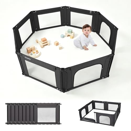 Image of Doradotey Adjustable Baby Playpen with Adult Door, Foldable Large Playpen for Babies and Toddlers, Breathable Mesh Indoor Baby Playard, Safe Fence, 59 x 59 Inch, Black