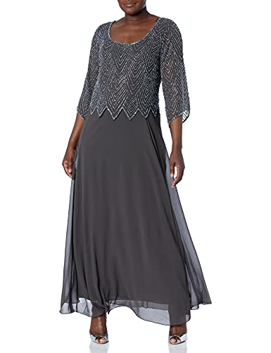 J Kara Women's Long Dress With Beaded Scoop Neck Top 3/4 Sleeves And Back Zipper, Slate/Multi, 18 #TOP9