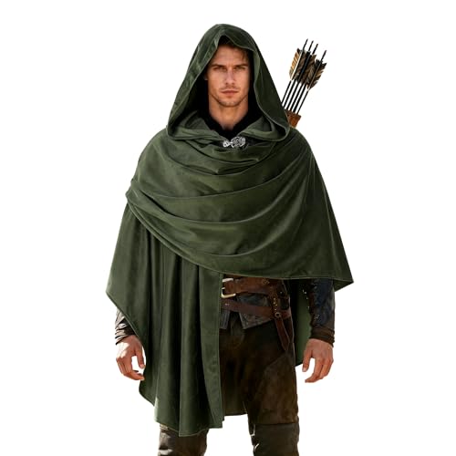 VZQI Hooded Cloak - Halloween Short Medieval Fantasy Cape for Cosplay - Unisex Renaissance Costume Green