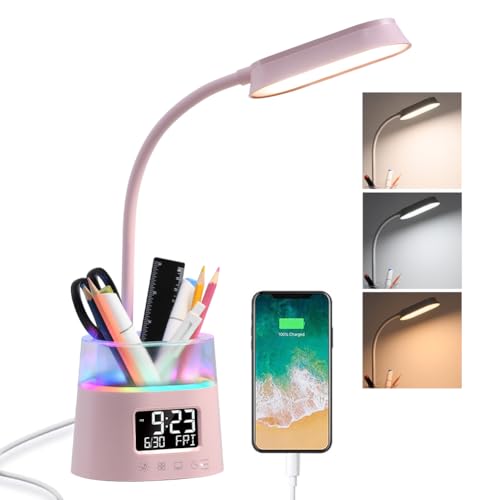 WILIT LED Desk Lamp for College Dorm Room Essentials, Students Study Lamp with USB Charging Port, Pen Holder, Clock & RGB Night Light, Office Desk Light Accessories, Table Lamp for Bedroom - Pink