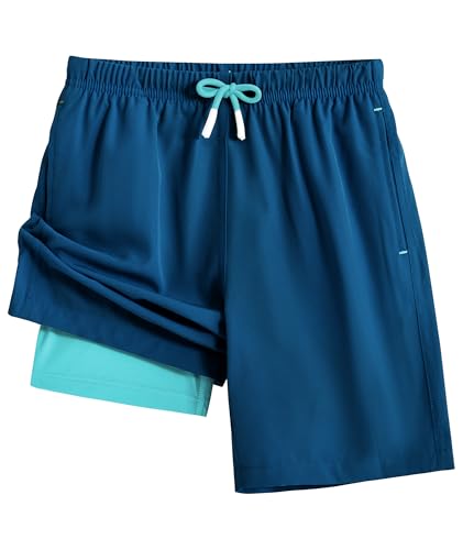 Zoofly Kids Beach Board Shorts Quick Dry Swim Trunk with Compression Liner Stretch Boys Bathing Suit 2 in 1 Surfing Swimwear Navy Blue Green 10-12Y