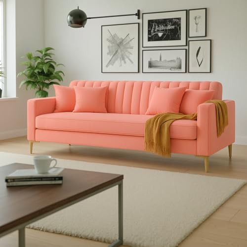 Image of 3 Seater Velum Fabric Sofa Set for Living Room, Modern Design with High Density Foam, Solid Wood Frame, Ergonomic Comfortable Seating for Home & Office (Baby Pink, 3 Seater) | Soft foam comfort, Strong wood frame