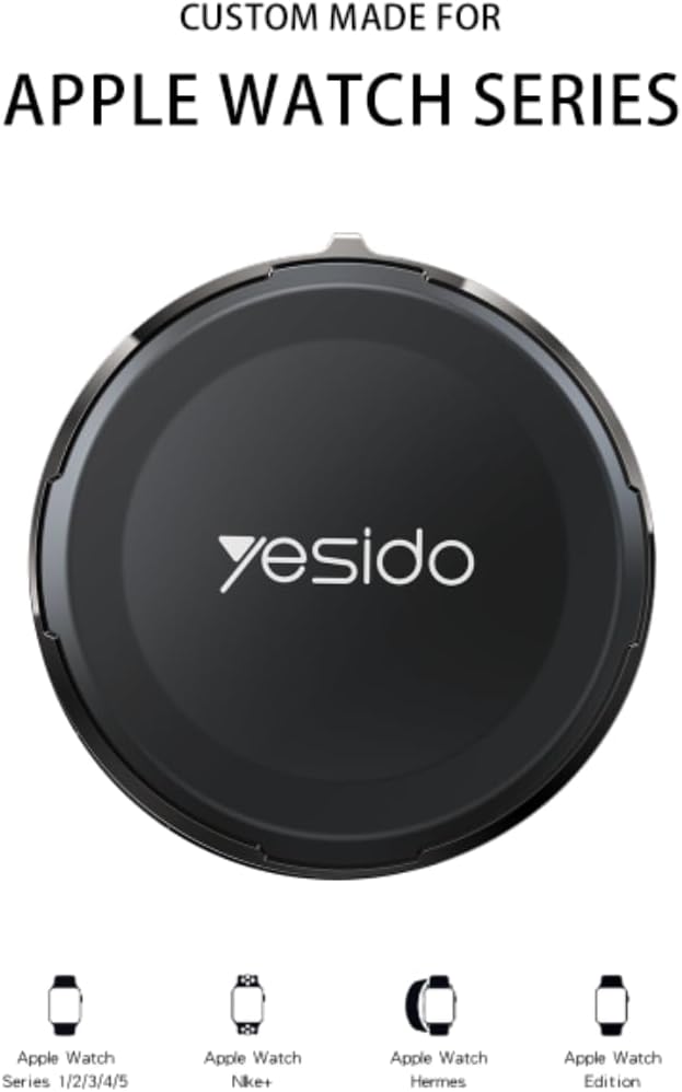Yesido DS18 charger top view, highlighting compatibility with Apple Watch Series 1/2/3/4/5, Nike+, Hermes, and Edition models.