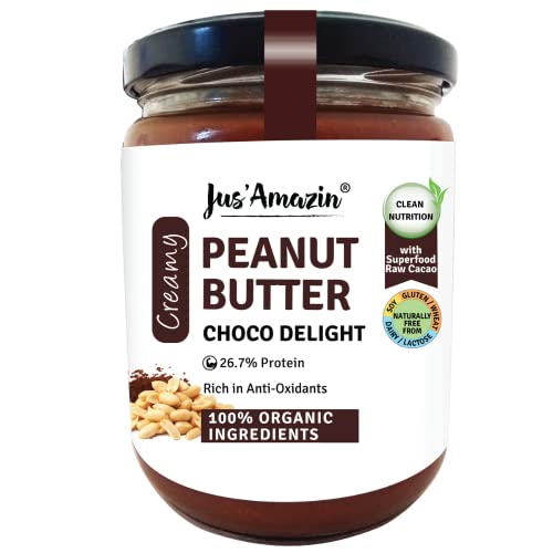Image of Jus' Amazin Creamy Organic Peanut Butter - Choco Delight (500g) | 26% Protein | Plant-Based Nutrition | Zero Chemicals | Dairy-Free | 100% Organic Ingredients | Chocolate Spread