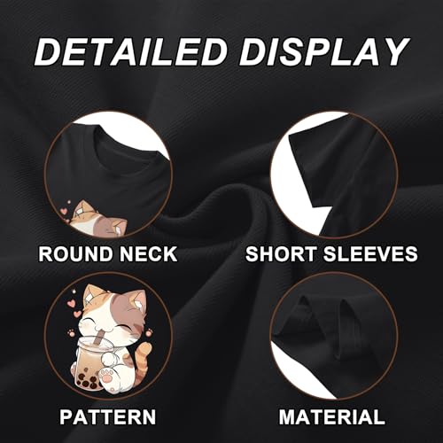 Image of KEEVICI Cute Cat Shirts for Girls Graphic Tees Bubble Tea Tshirt Kids Kawaii Cartoon Animal Print T Shirt Summer Cotton Tops
